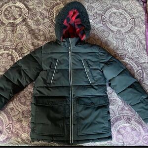 Black Parka with Red & Black Buffalo Plaid Lining